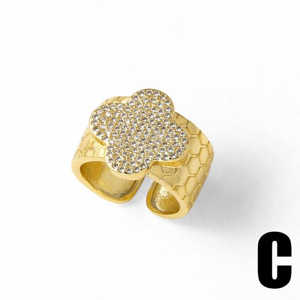 Wholesale Women's Copper Geometric Four Leaf Clover Ring 18K Gold Plated