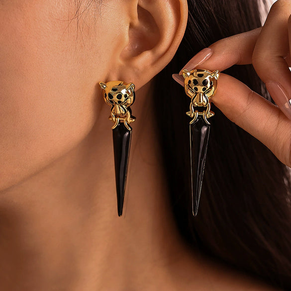 Wholesale Women's Copper Geometric Leopard Head Triangle Earrings Gold Plated Exaggerated Fashionable