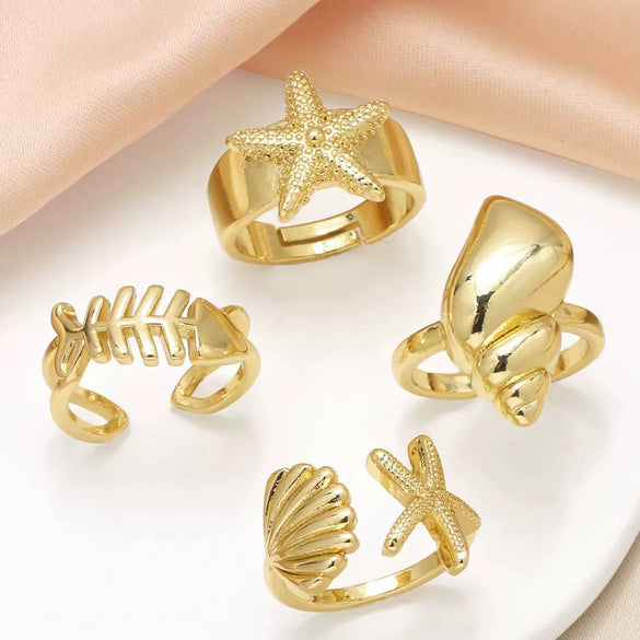 Wholesale Women's Copper Geometric Ocean Starfish Conch Open Ring Goldplated