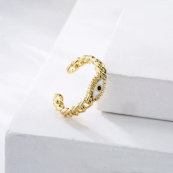 Wholesale Women's Copper Geometric Open Ring With Micro Inlay And 18K Gold Dripping Oil Devil's Eye Design