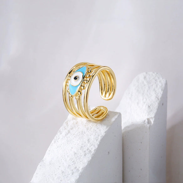 Wholesale Women's Copper Geometric Open Ring With Micro Inlay And 18K Gold Dripping Oil Devil's Eye Design