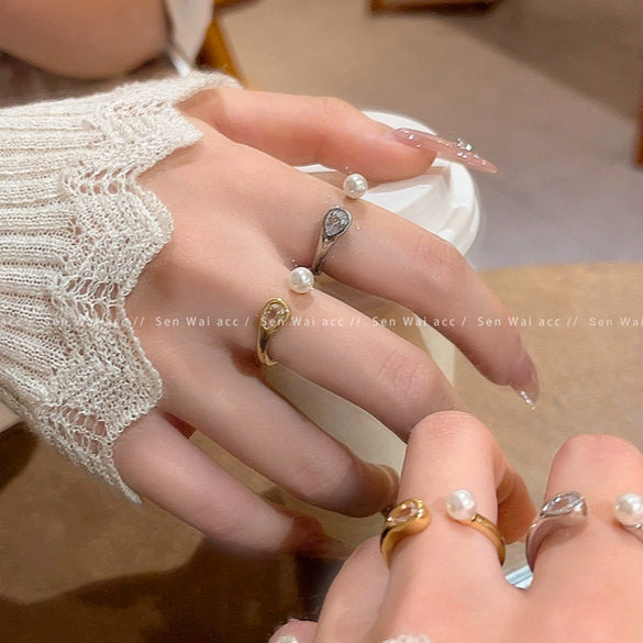 Wholesale Women's Copper Geometric Open Ring With Pearl And Zircon Electroplated Light Luxury Niche Elegant Jewelry