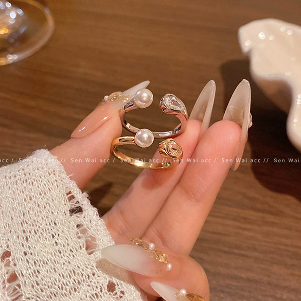 Wholesale Women's Copper Geometric Open Ring With Pearl And Zircon Electroplated Light Luxury Niche Elegant Jewelry