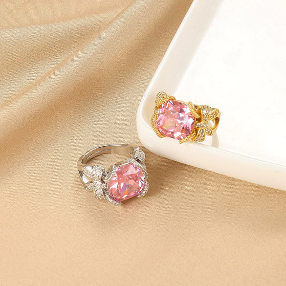 Wholesale Women's Copper Geometric Opening Zircon Flower Ring With Electroplating