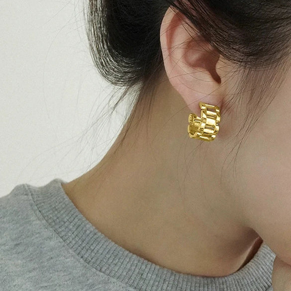 Wholesale Women's Copper Geometric Zircon Earrings With Metallic Strap And Niche Design