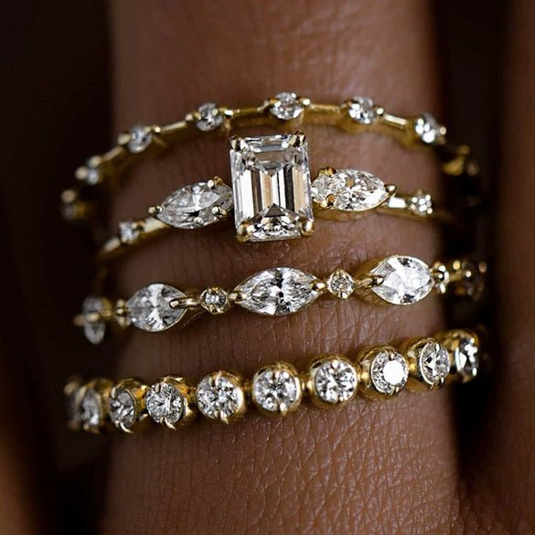 Wholesale Women's Copper Geometric Zircon Ring Fourpiece Set Highend Jewelry