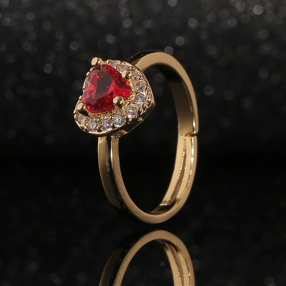 Wholesale Women's Copper Gold Plated Heart Shaped Ring With Crystal Design Simple Sweet Jewelry