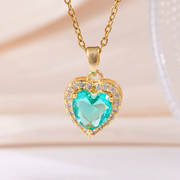 Wholesale Women's Copper Heart Shape Pendant Necklace With Mixed Gemstone Setting And Electroplating O Word Chain