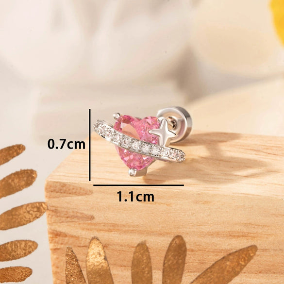 Wholesale Women's Copper Heart Shape Titanium Steel Screw Ear Bone Nail Earrings Set With Diamonds Sweet Cute Design Sense Niche