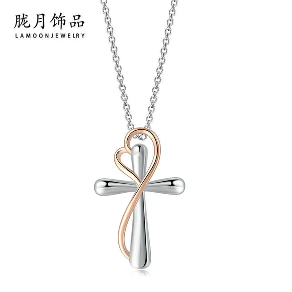 Wholesale Women's Copper Heart Shaped Cross Color Separation Plating Pendant Clavicle Chain Necklace