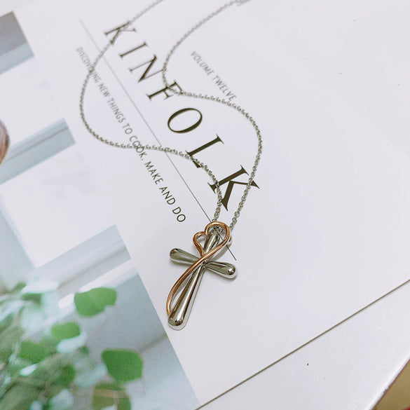 Wholesale Women's Copper Heart Shaped Cross Color Separation Plating Pendant Clavicle Chain Necklace