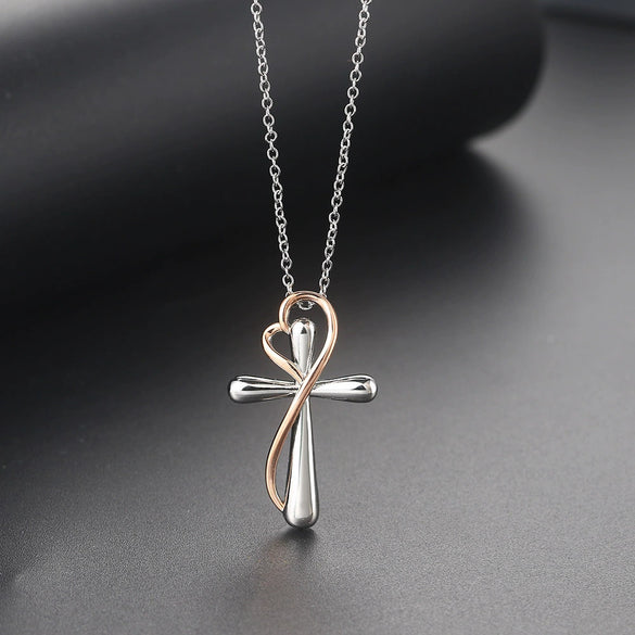 Wholesale Women's Copper Heart Shaped Cross Color Separation Plating Pendant Clavicle Chain Necklace
