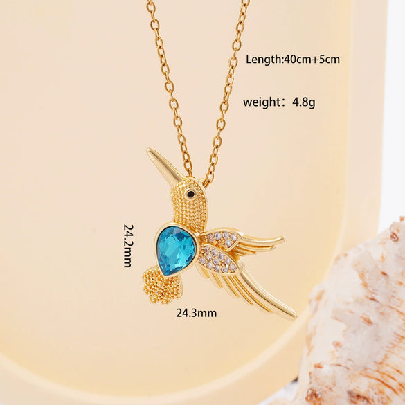 Wholesale Women's Copper Hummingbird Pendant Necklace With Mixed Gemstone Inlay And Gold Plated O Chain Light Luxury Style