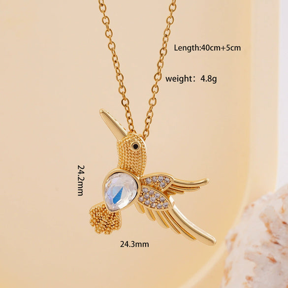 Wholesale Women's Copper Hummingbird Pendant Necklace With Mixed Gemstone Inlay And Gold Plated O Chain Light Luxury Style