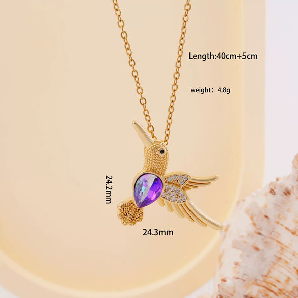 Wholesale Women's Copper Hummingbird Pendant Necklace With Mixed Gemstone Inlay And Gold Plated O Chain Light Luxury Style