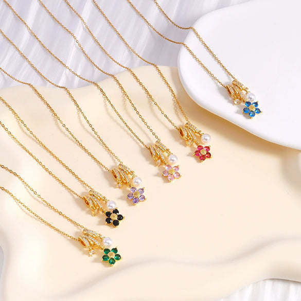 Wholesale Women's Copper Inlaid Mixed Gemstone Flower Tassel Pendant O Chain Necklace With Electroplating Treatment