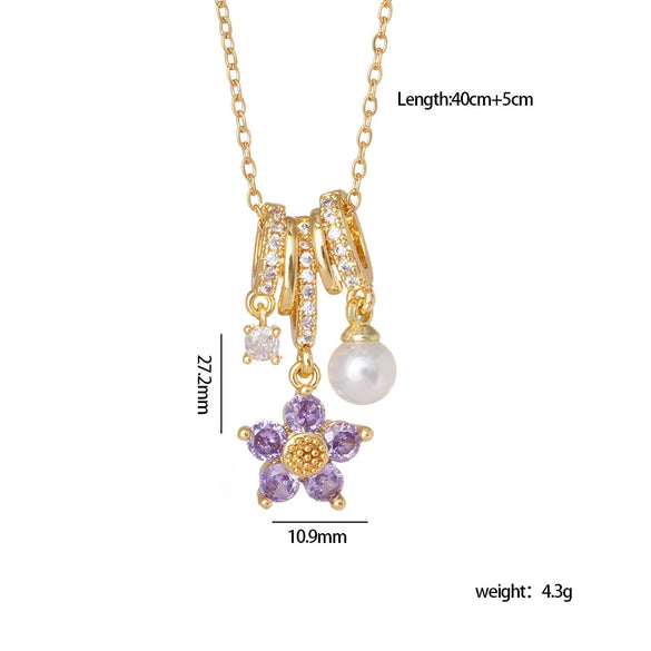 Wholesale Women's Copper Inlaid Mixed Gemstone Flower Tassel Pendant O Chain Necklace With Electroplating Treatment