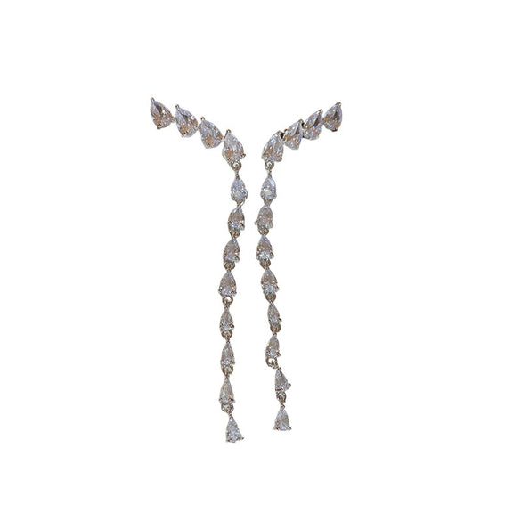 Wholesale Women's Copper Inlaid Zircon Dropshaped Long Tassel Earrings With Advanced Sense