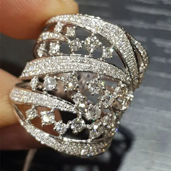 Wholesale Women's Copper Inlaid Zircon Geometric Line Elegant Heavy Industry Design Ring