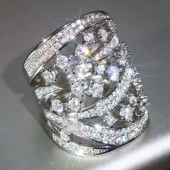 Wholesale Women's Copper Inlaid Zircon Geometric Line Elegant Heavy Industry Design Ring