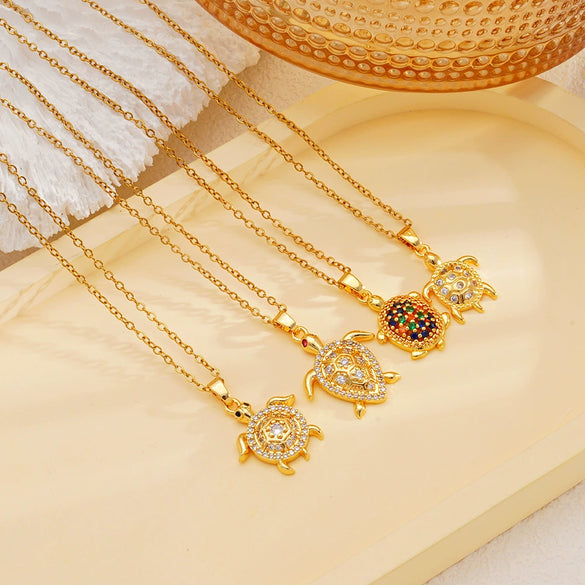 Wholesale Women's Copper Inlaid Zircon Ocean Series Turtle Pendant Necklace Electroplated Animal Zodiac Stylish Fashion Versatile Clavicle Chain Jewelry