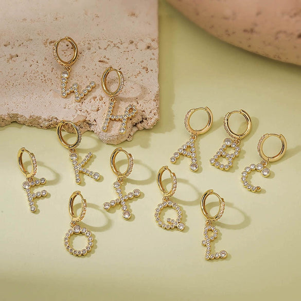 Wholesale Women's Copper Inlaid Zirconium Geometric Letter Earrings