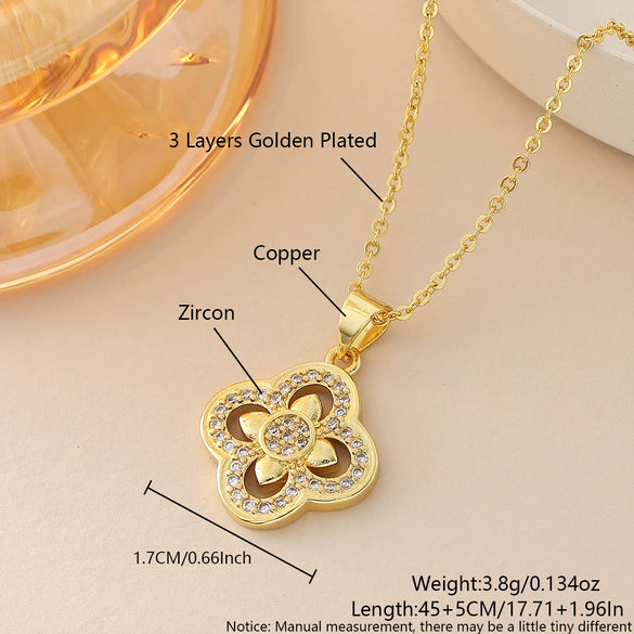 Wholesale Women's Copper 18K Gold Plated Fourleaf Clover Pendant Necklace And Bracelet Set With Ochain