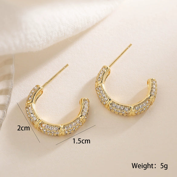 Wholesale Women's Copper 18K Gold Plated Geometric Cshaped Micropaved Zircon Earrings