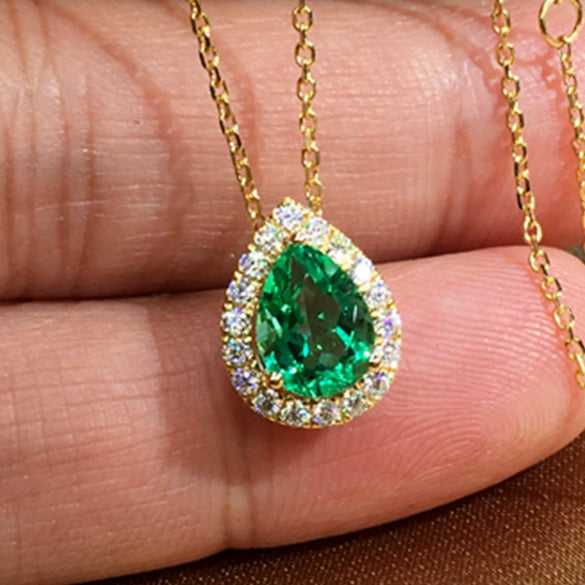 Wholesale Women's Copper Microinlaid Water Drop Emerald Zircon Necklace With Geometric Pattern And Mixed Gem Inlay