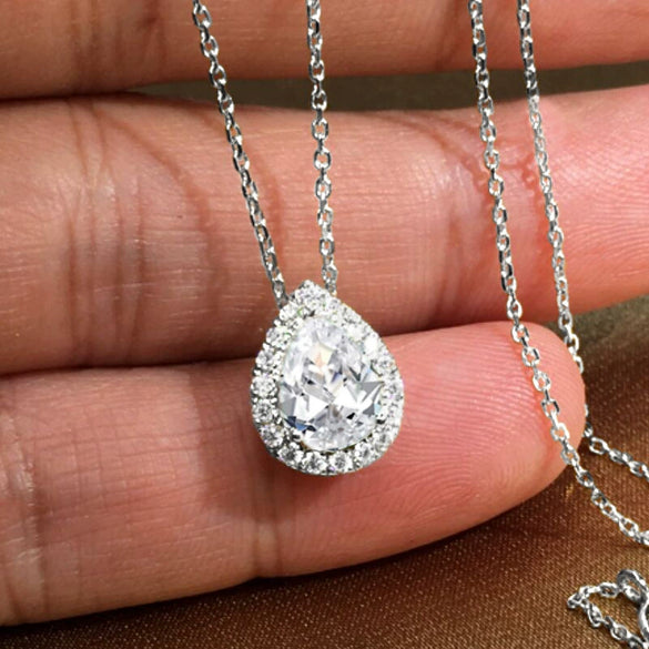 Wholesale Women's Copper Microinlaid Water Drop Emerald Zircon Necklace With Geometric Pattern And Mixed Gem Inlay