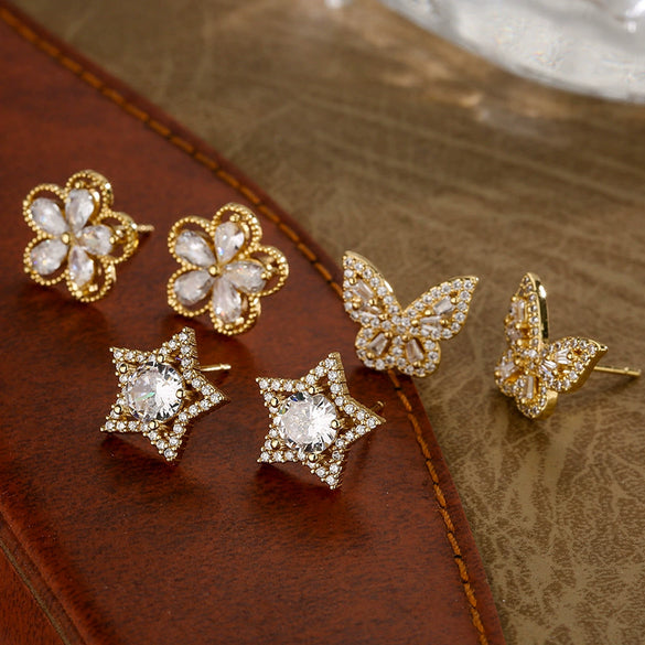 Wholesale Women's Copper Micropaved Geometric Flower Star Butterfly Zircon Earrings
