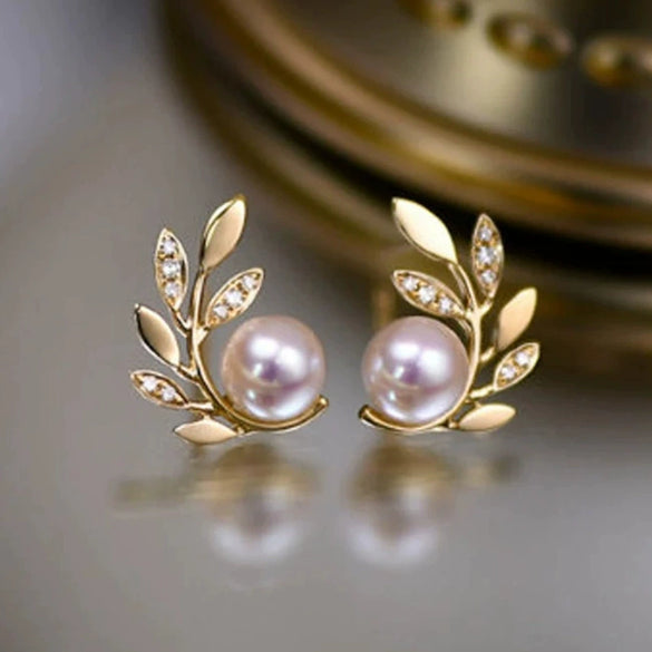 Wholesale Women's Copper Mirror Earrings With Leaves Pattern And Zircon Design