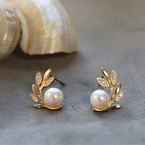 Wholesale Women's Copper Mirror Earrings With Leaves Pattern And Zircon Design