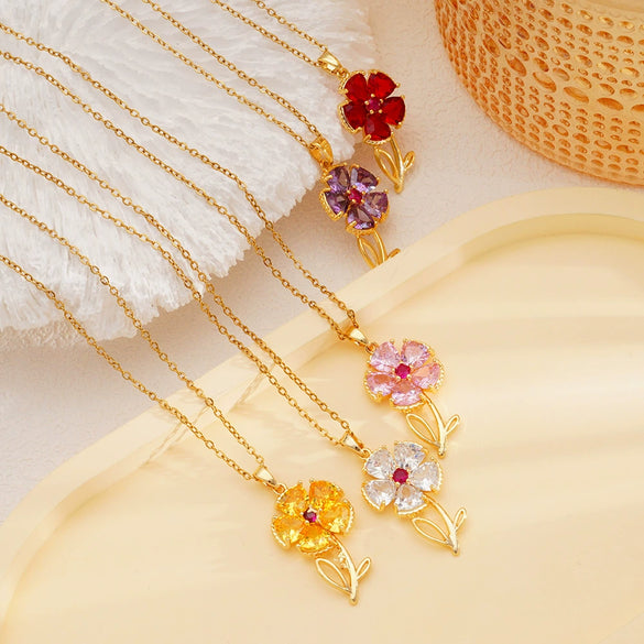Wholesale Women's Copper Necklace With Micropaved Zircon Sunflower Pendant And Stainless Steel O Word Chain Electroplated Light Luxury Style
