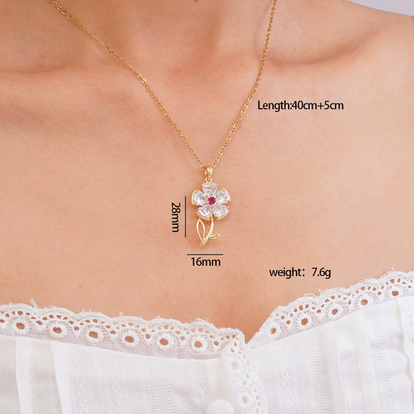 Wholesale Women's Copper Necklace With Micropaved Zircon Sunflower Pendant And Stainless Steel O Word Chain Electroplated Light Luxury Style
