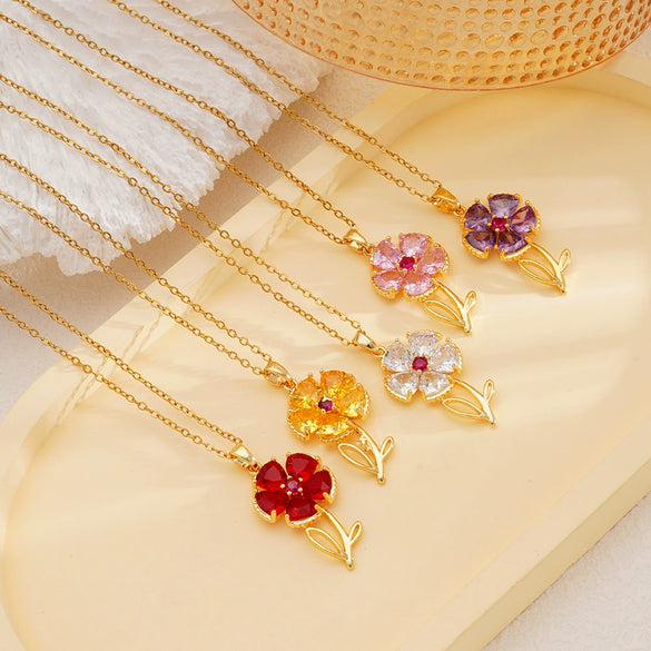 Wholesale Women's Copper Necklace With Micropaved Zircon Sunflower Pendant And Stainless Steel O Word Chain Electroplated Light Luxury Style