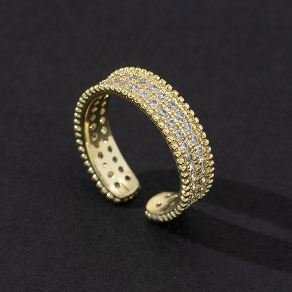 Wholesale Women's Copper Open Ring With Vintage Carved Geometric Pattern And Microinlaid Diamond Electroplated
