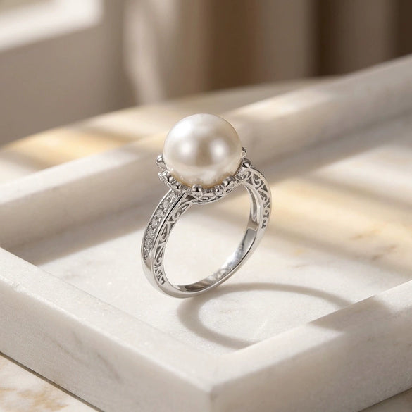 Wholesale Women's Copper Pearl Ring With Diamondencrusted Design And Geometric Pattern Electroplated In Modern Minimalist Style