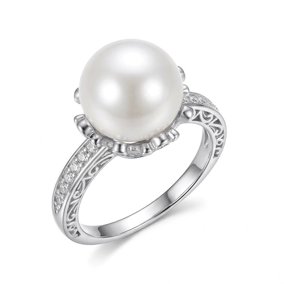 Wholesale Women's Copper Pearl Ring With Diamondencrusted Design And Geometric Pattern Electroplated In Modern Minimalist Style
