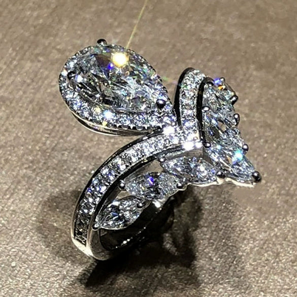 Wholesale Women's Copper Plated Platinum Drop Shaped Zircon Inlaid Engagement Ring