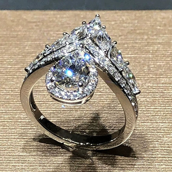 Wholesale Women's Copper Plated Platinum Drop Shaped Zircon Inlaid Engagement Ring
