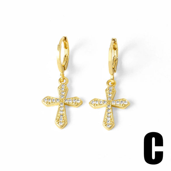 Wholesale Women's Copper Plated Real Gold Geometric Cross Pendant Earrings With Full Zircon Electroplating