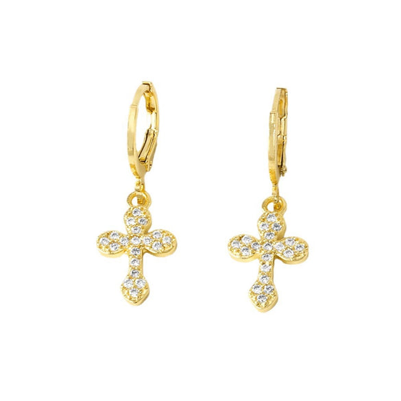 Wholesale Women's Copper Plated Real Gold Geometric Cross Pendant Earrings With Full Zircon Electroplating