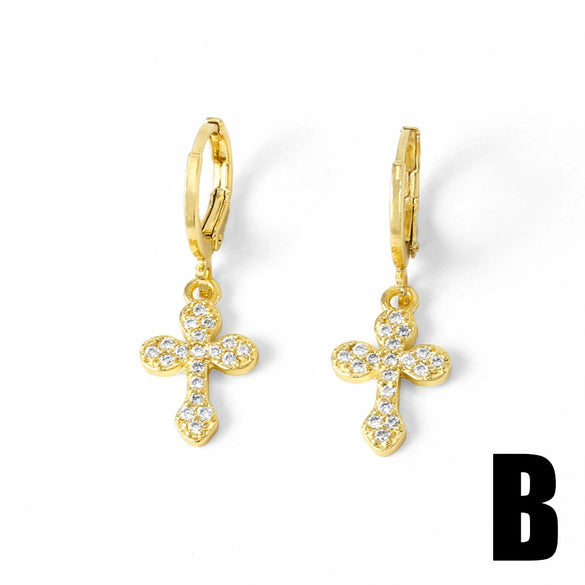 Wholesale Women's Copper Plated Real Gold Geometric Cross Pendant Earrings With Full Zircon Electroplating