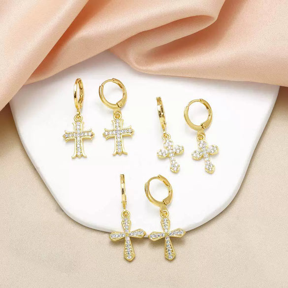 Wholesale Women's Copper Plated Real Gold Geometric Cross Pendant Earrings With Full Zircon Electroplating
