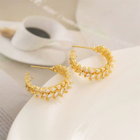 Wholesale Women's Copper Plated Real Gold Wheat Ear Cshaped Hoop Earrings With Diamond And Branch Leaf Design Polish Finish