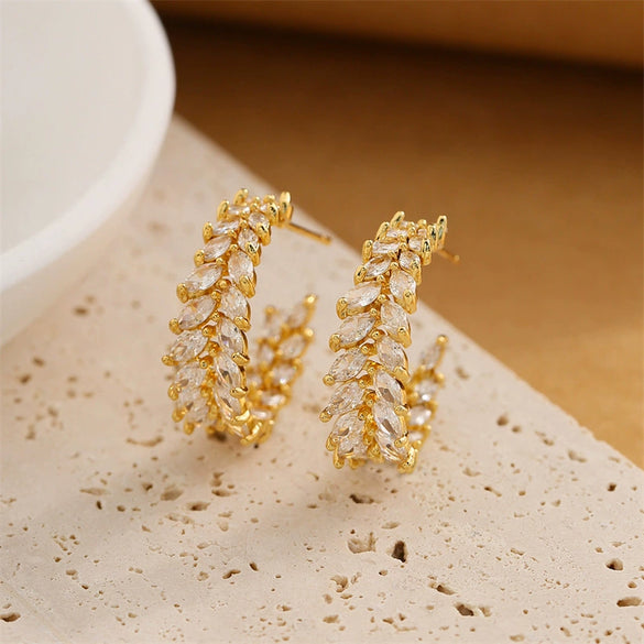 Wholesale Women's Copper Plated Real Gold Wheat Ear Cshaped Hoop Earrings With Diamond And Branch Leaf Design Polish Finish