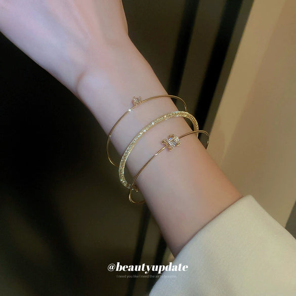 Wholesale Women's Copper Real Gold Electroplated Zircon Open Bracelet 3 Piece Set Minimalist Design