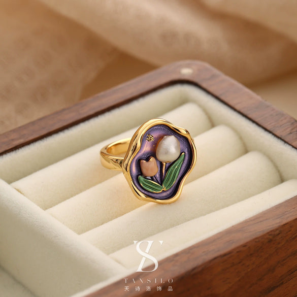 Wholesale Women's Copper Real Pearl Butterfly Ring With Geometric And Insect Pattern Electroplated
