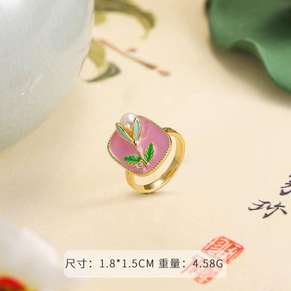 Wholesale Women's Copper Real Pearl Butterfly Ring With Geometric And Insect Pattern Electroplated